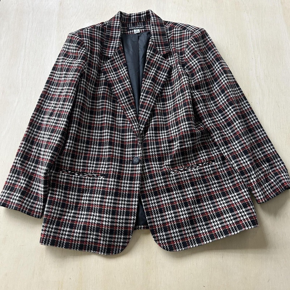 Vintage Savanna Blazer Jacket Womens 18 Black Plaid Wool One Button Lined Career